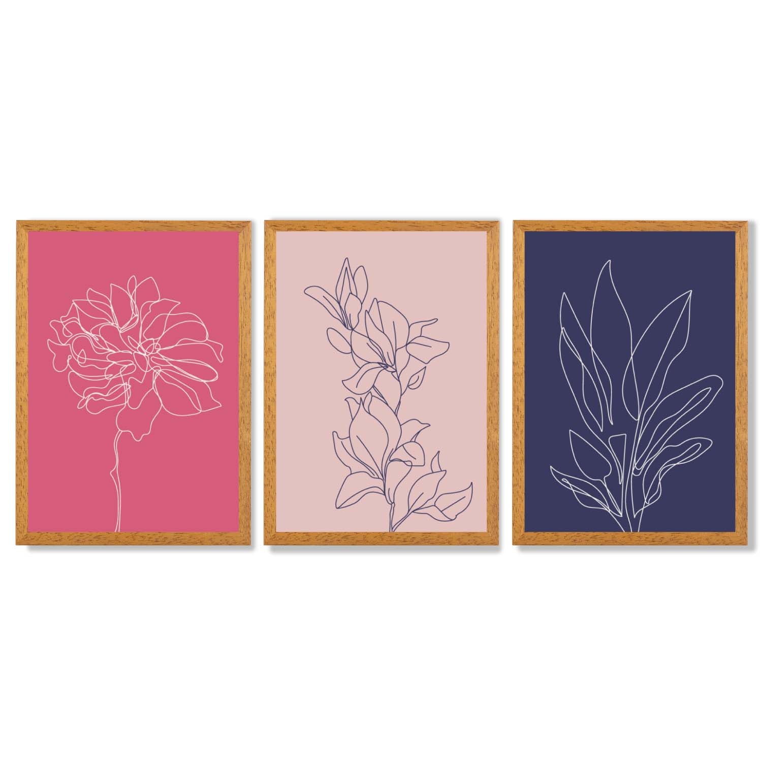 Pink and Purple Sketch Flowers Set of 3 Framed Art Prints with Oak Wooden Frames