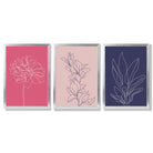 Pink and Purple Sketch Flowers Set of 3 Framed Art Prints with Silver Wood Frames