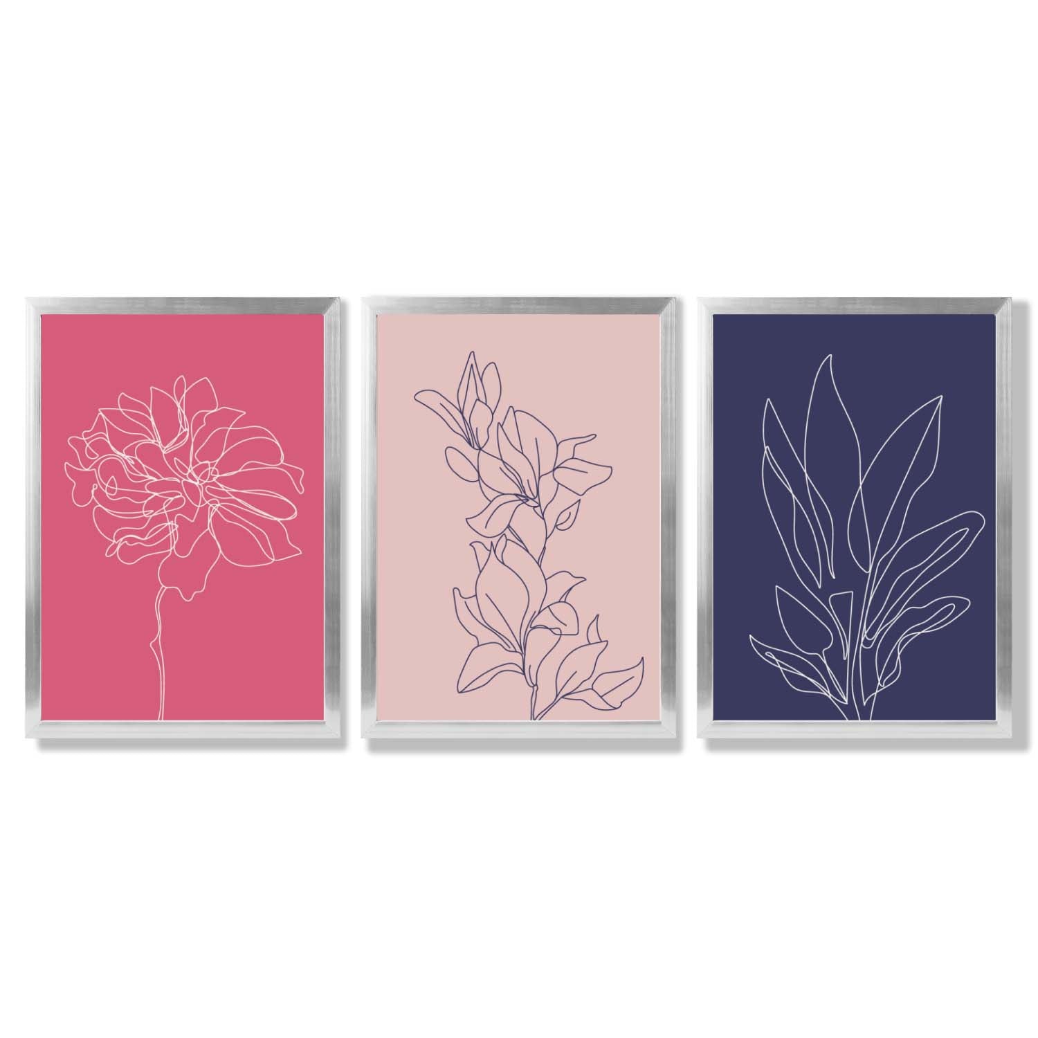 Pink and Purple Sketch Flowers Set of 3 Framed Art Prints with Silver Wood Frames