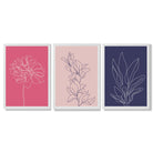 Pink and Purple Sketch Flowers Set of 3 Framed Art Prints with White Wooden Frames
