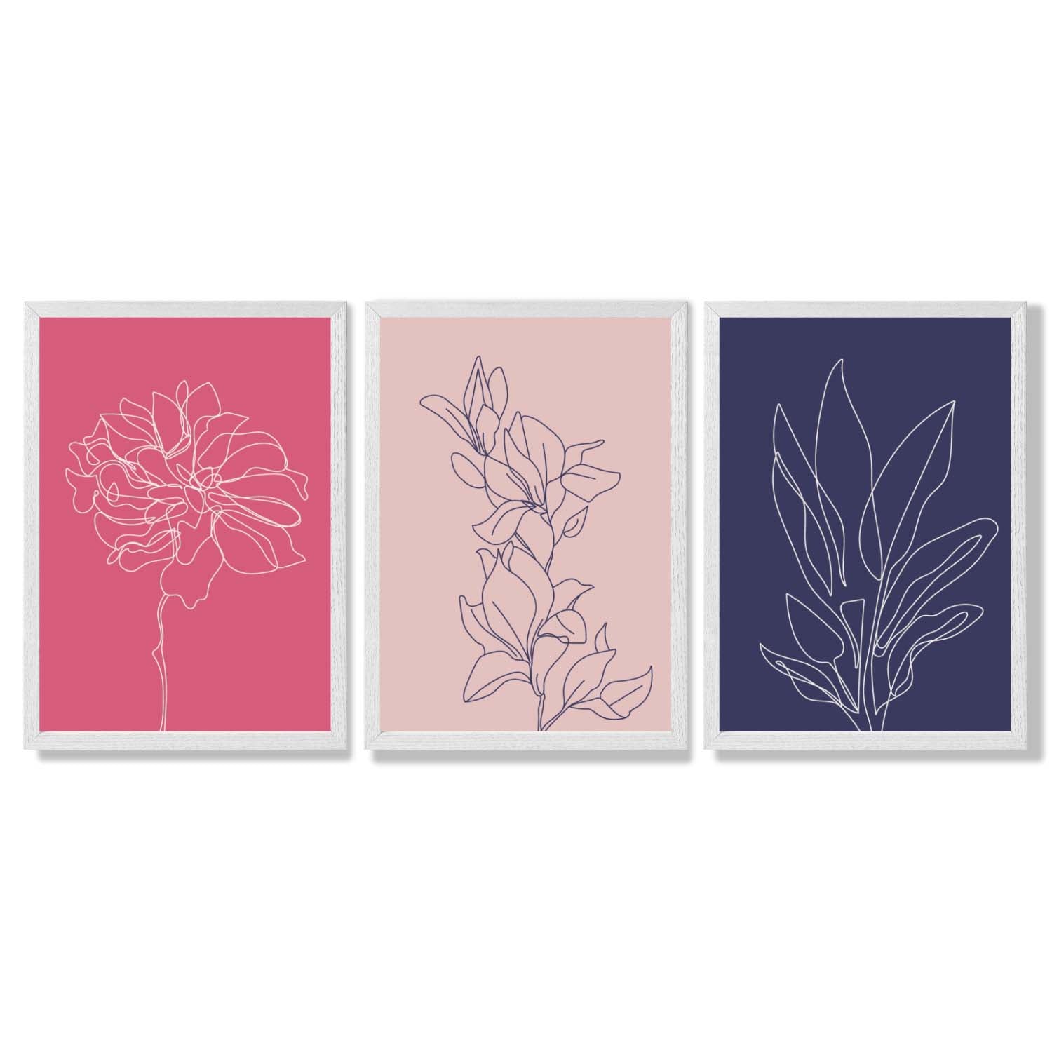 Pink and Purple Sketch Flowers Set of 3 Framed Art Prints with White Wooden Frames
