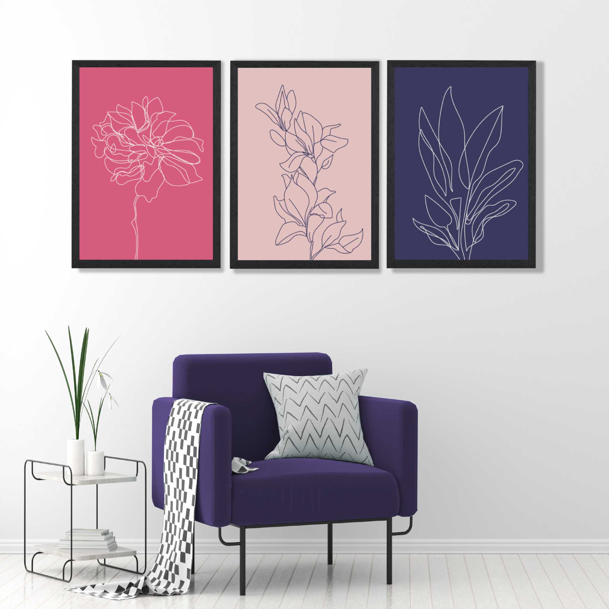 Pink and Purple Sketch Flowers Set of 3 Art Prints in Black Frames | Artze UK