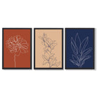 Navy and Orange Sketch Flowers Set of 3 Framed Art Prints with Black Wooden Frames