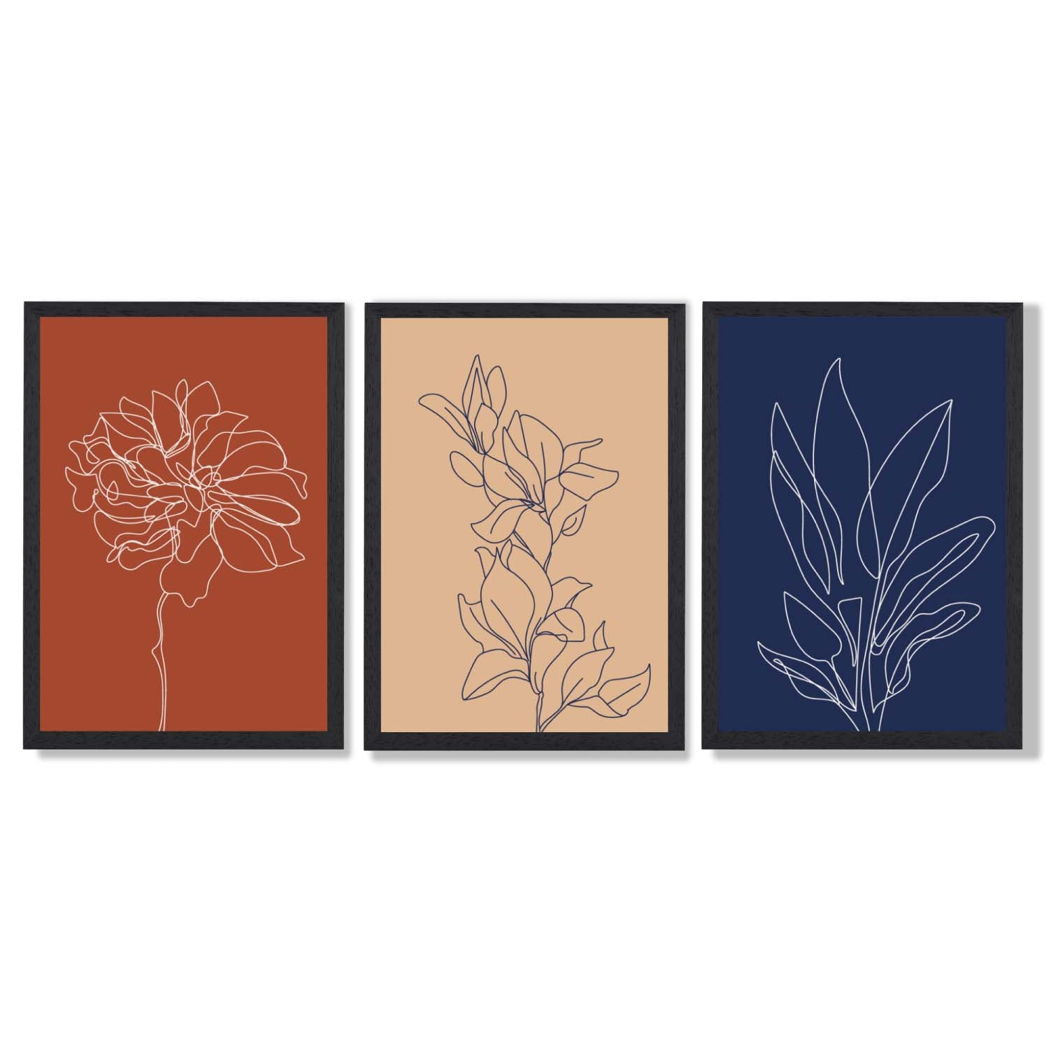 Navy and Orange Sketch Flowers Set of 3 Framed Art Prints with Black Wooden Frames