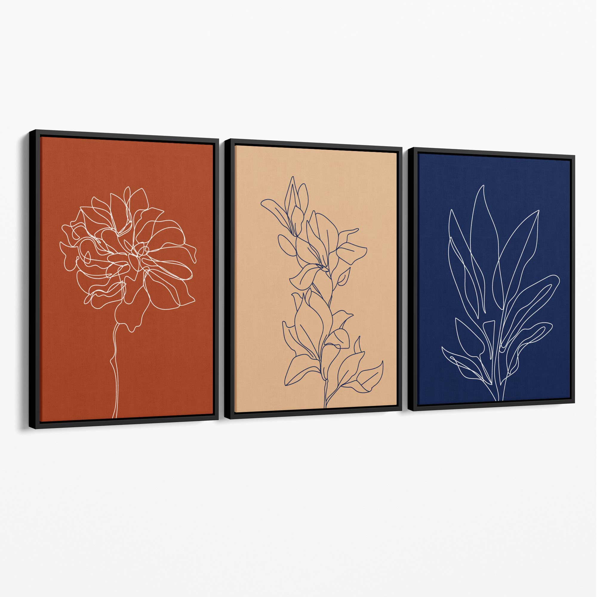 Navy and Orange Sketch Flowers Set of 3 Canvas Art Prints with Black Float Frame