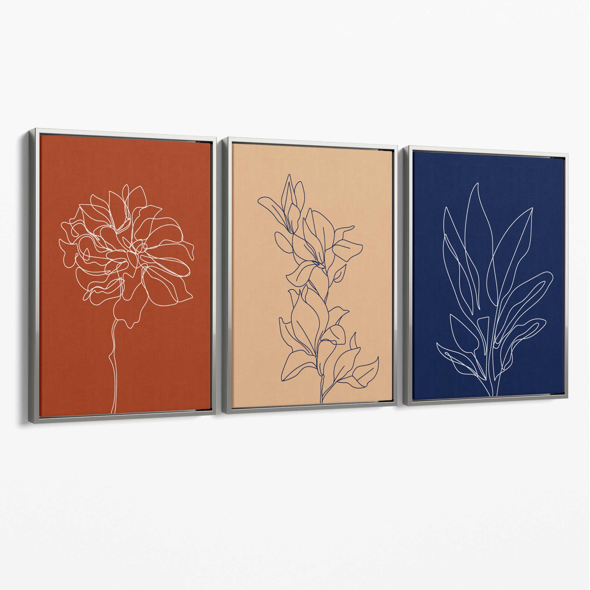 Navy and Orange Sketch Flowers Set of 3 Canvas Art Prints with Silver Float Frame
