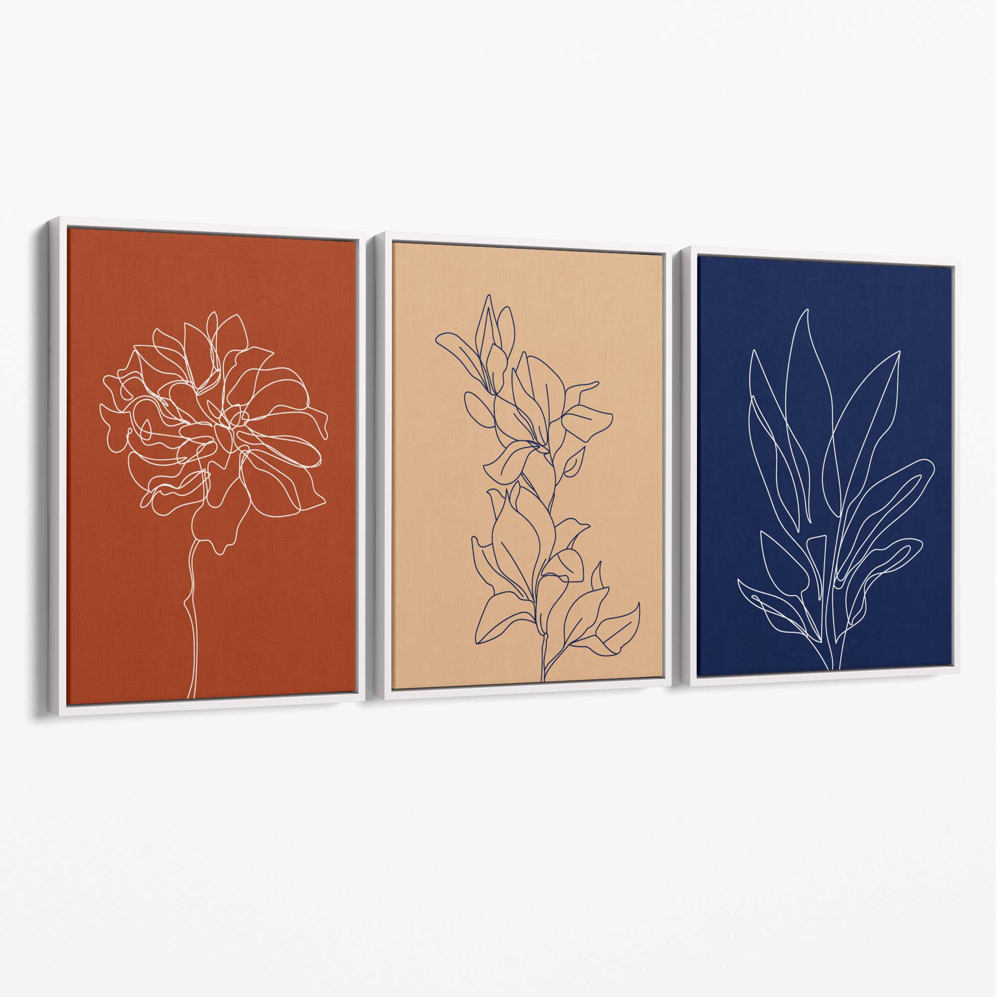 Navy and Orange Sketch Flowers Set of 3 Canvas Art Prints with White Float Frame