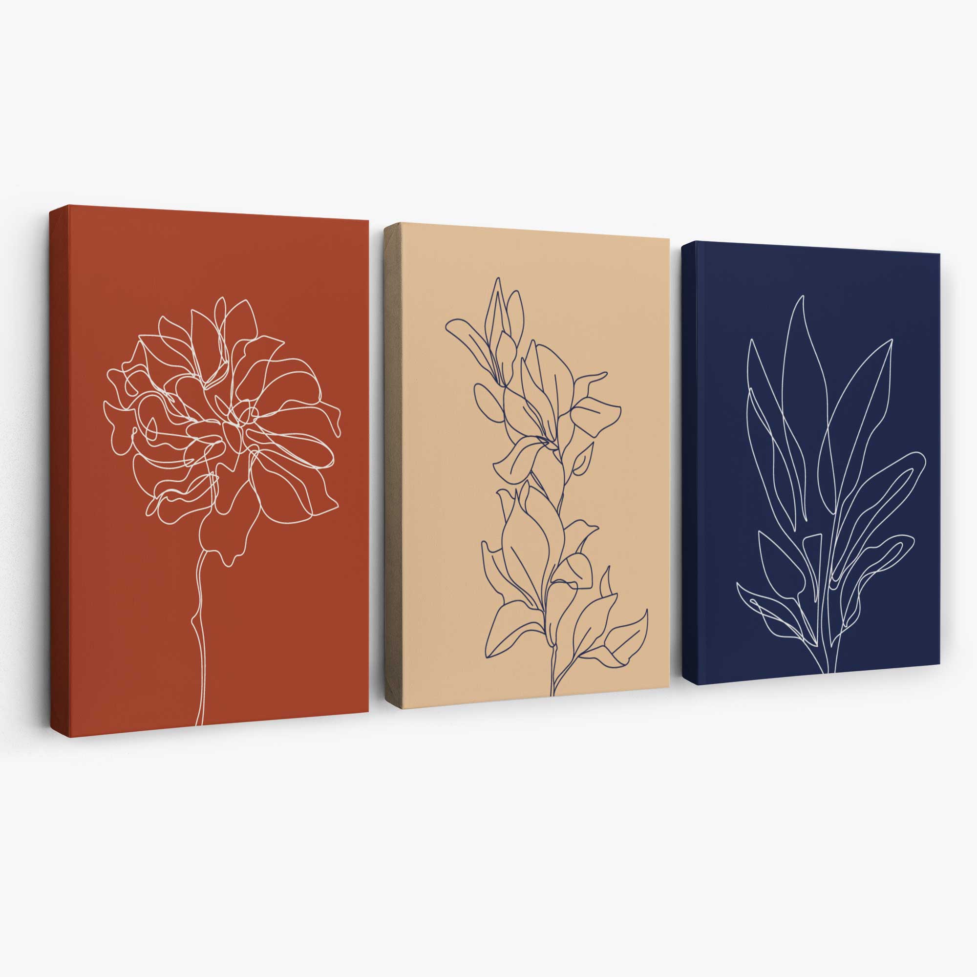 Navy and Orange Sketch Flowers Set of 3 Canvas Art Prints | Artze Wall Art