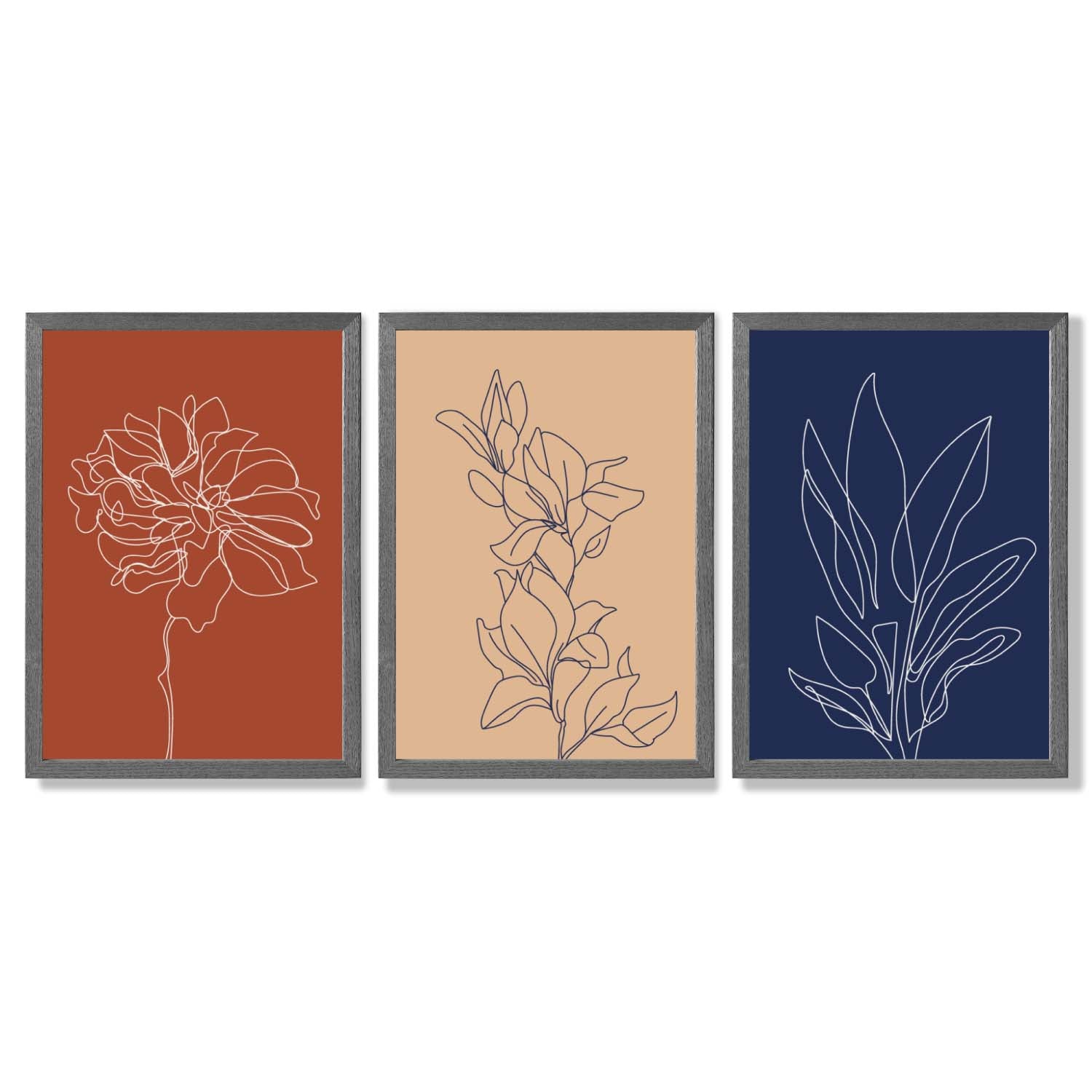Navy and Orange Sketch Flowers Set of 3 Framed Art Prints with Dark Grey Wooden Frames