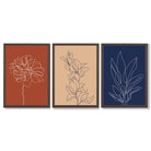 Navy and Orange Sketch Flowers Set of 3 Framed Art Prints with Dark Wood Frames