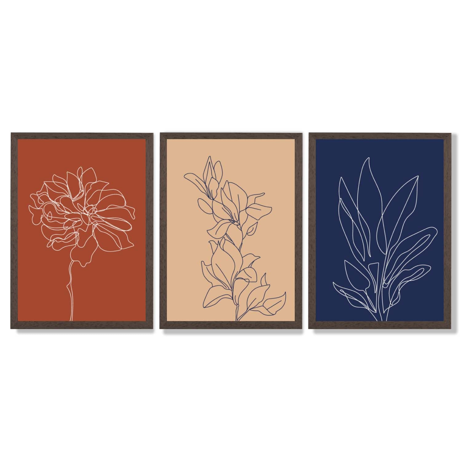 Navy and Orange Sketch Flowers Set of 3 Framed Art Prints with Dark Wood Frames
