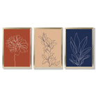 Navy and Orange Sketch Flowers Set of 3 Framed Art Prints with Gold Wood Frames