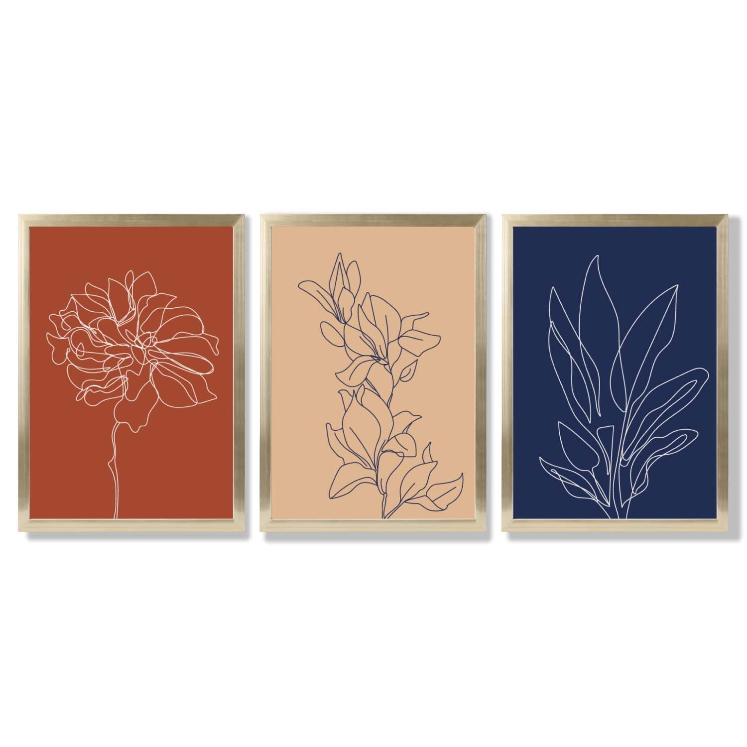 Navy and Orange Sketch Flowers Set of 3 Framed Art Prints with Gold Wood Frames