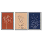 Navy and Orange Sketch Flowers Set of 3 Framed Art Prints with Light Grey Wooden Frames