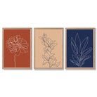Navy and Orange Sketch Flowers Set of 3 Framed Art Prints with Light Oak Frames