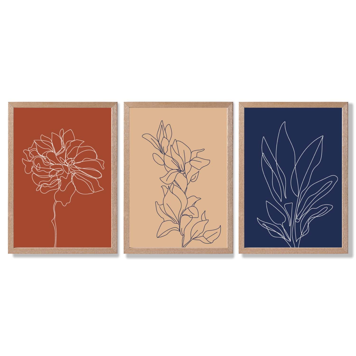 Navy and Orange Sketch Flowers Set of 3 Framed Art Prints with Light Oak Frames