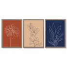 Navy and Orange Sketch Flowers Set of 3 Framed Art Prints with Light Walnut Frames