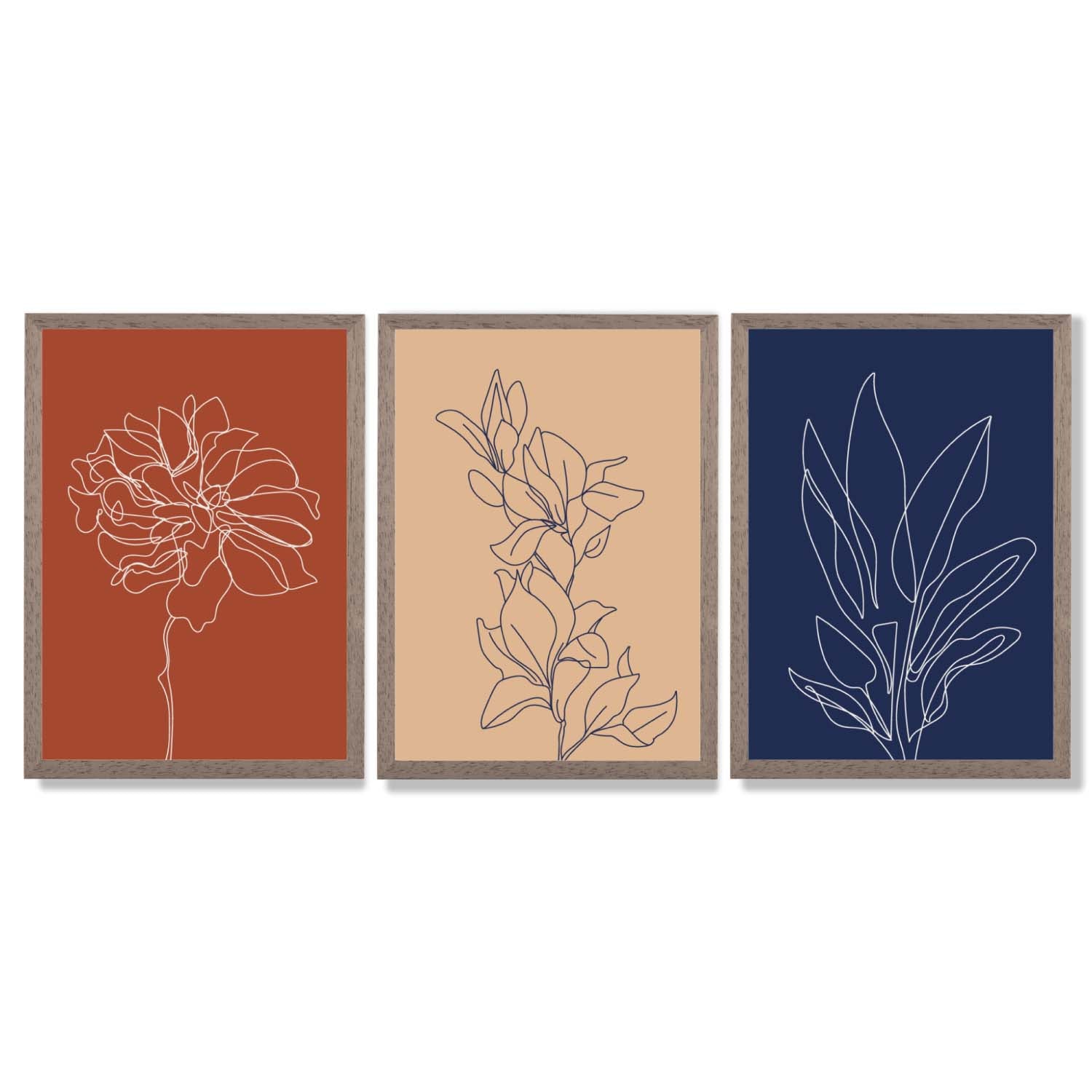 Navy and Orange Sketch Flowers Set of 3 Framed Art Prints with Light Walnut Frames