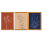 Navy and Orange Sketch Flowers Set of 3 Framed Art Prints with Oak Wooden Frames