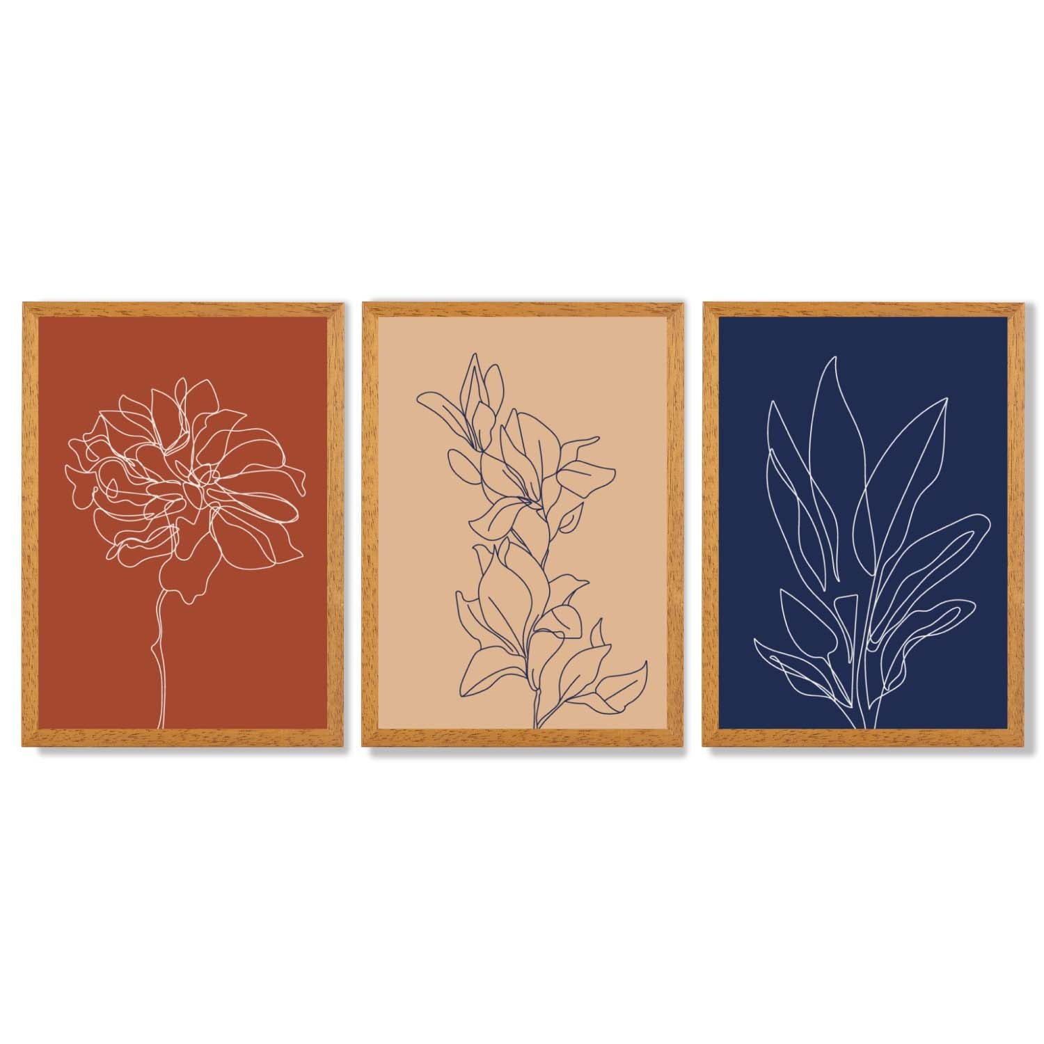Navy and Orange Sketch Flowers Set of 3 Framed Art Prints with Oak Wooden Frames