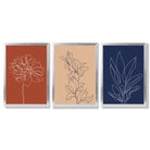 Navy and Orange Sketch Flowers Set of 3 Framed Art Prints with Silver Wood Frames
