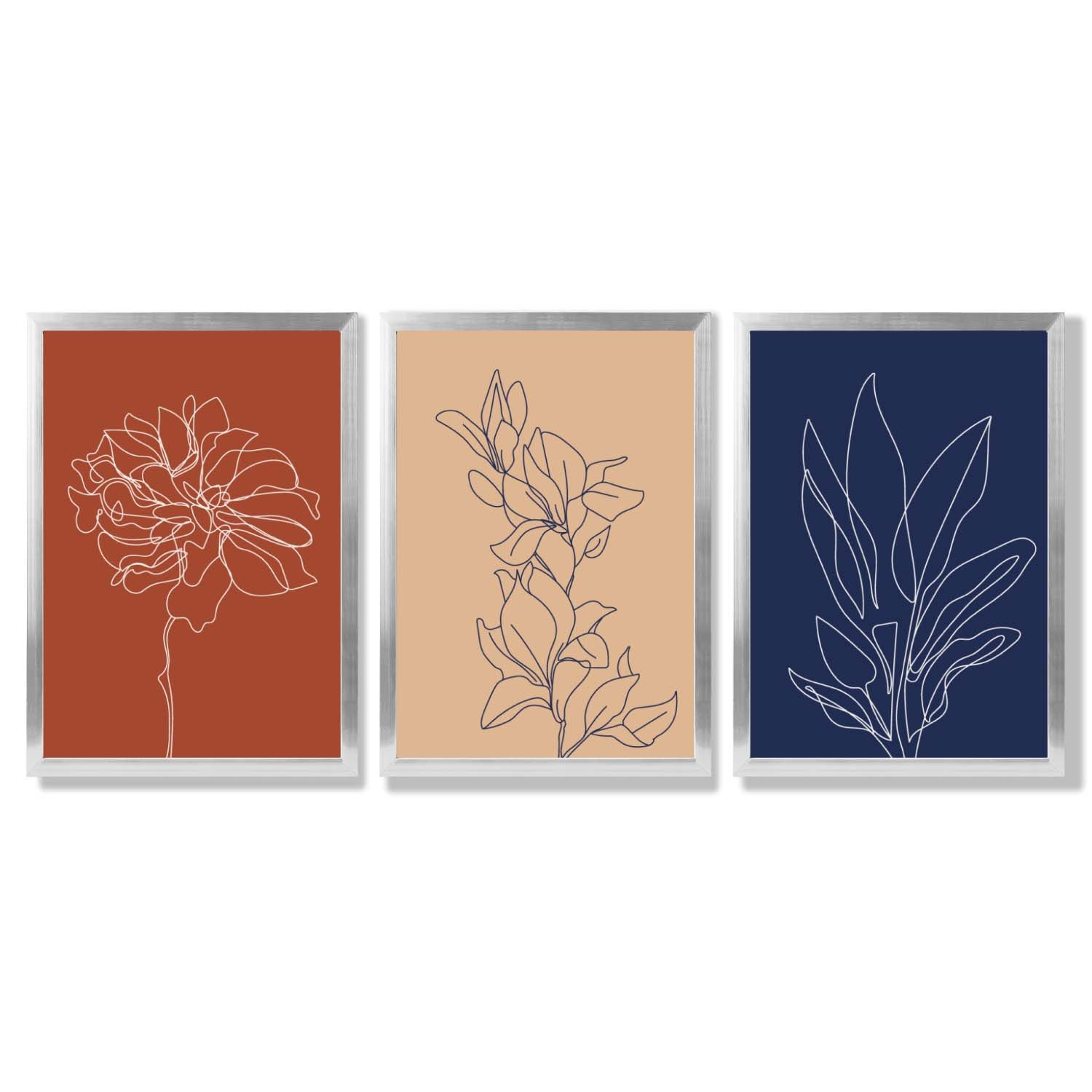 Navy and Orange Sketch Flowers Set of 3 Framed Art Prints with Silver Wood Frames