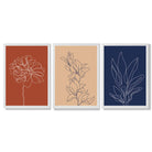 Navy and Orange Sketch Flowers Set of 3 Framed Art Prints with White Wooden Frames