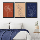 Navy and Orange Sketch Flowers Set of 3 Art Prints in Black Frames | Artze UK