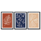 Navy and Orange Sketch Leaves Set of 3 Framed Art Prints with Black Wooden Frames