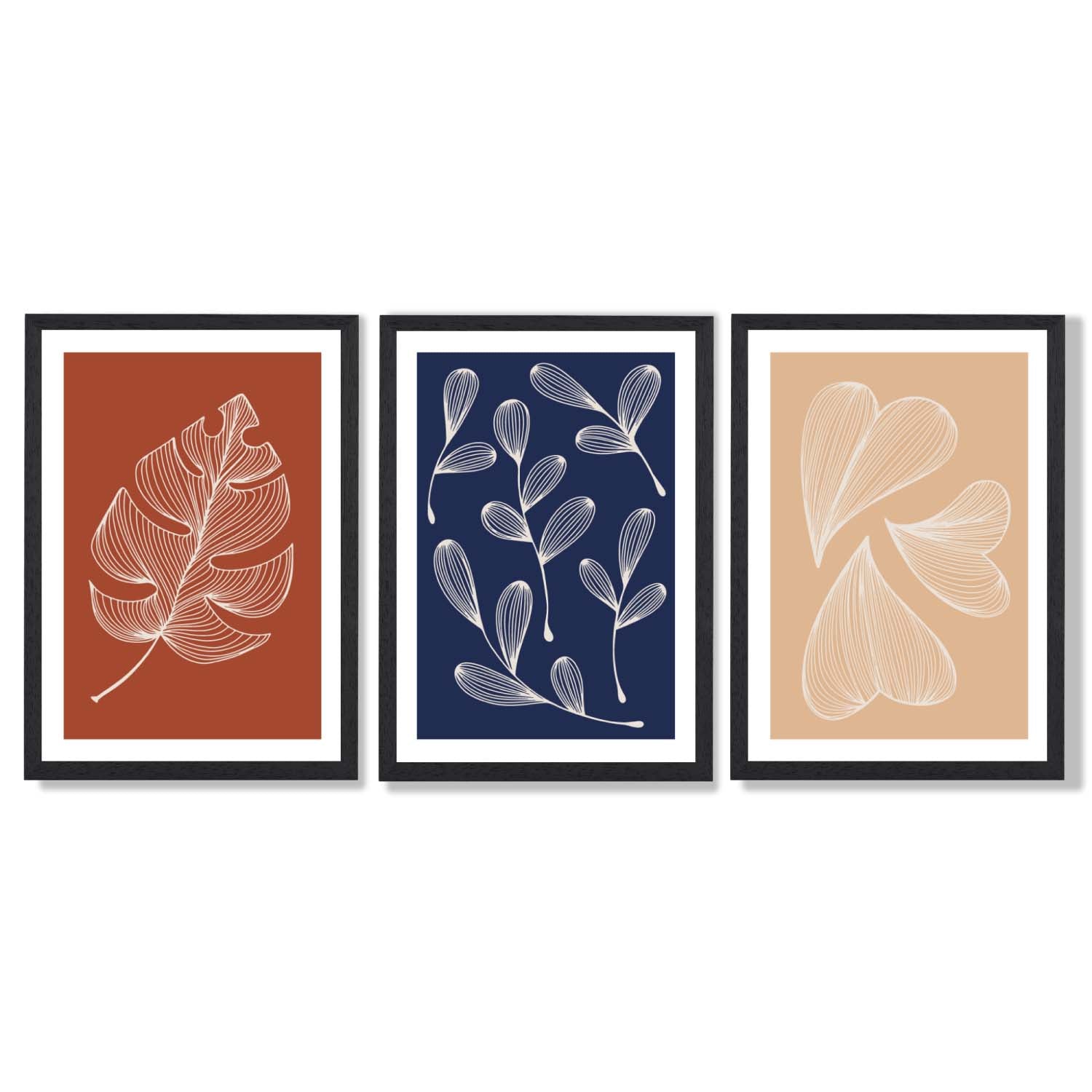 Navy and Orange Sketch Leaves Set of 3 Framed Art Prints with Black Wooden Frames