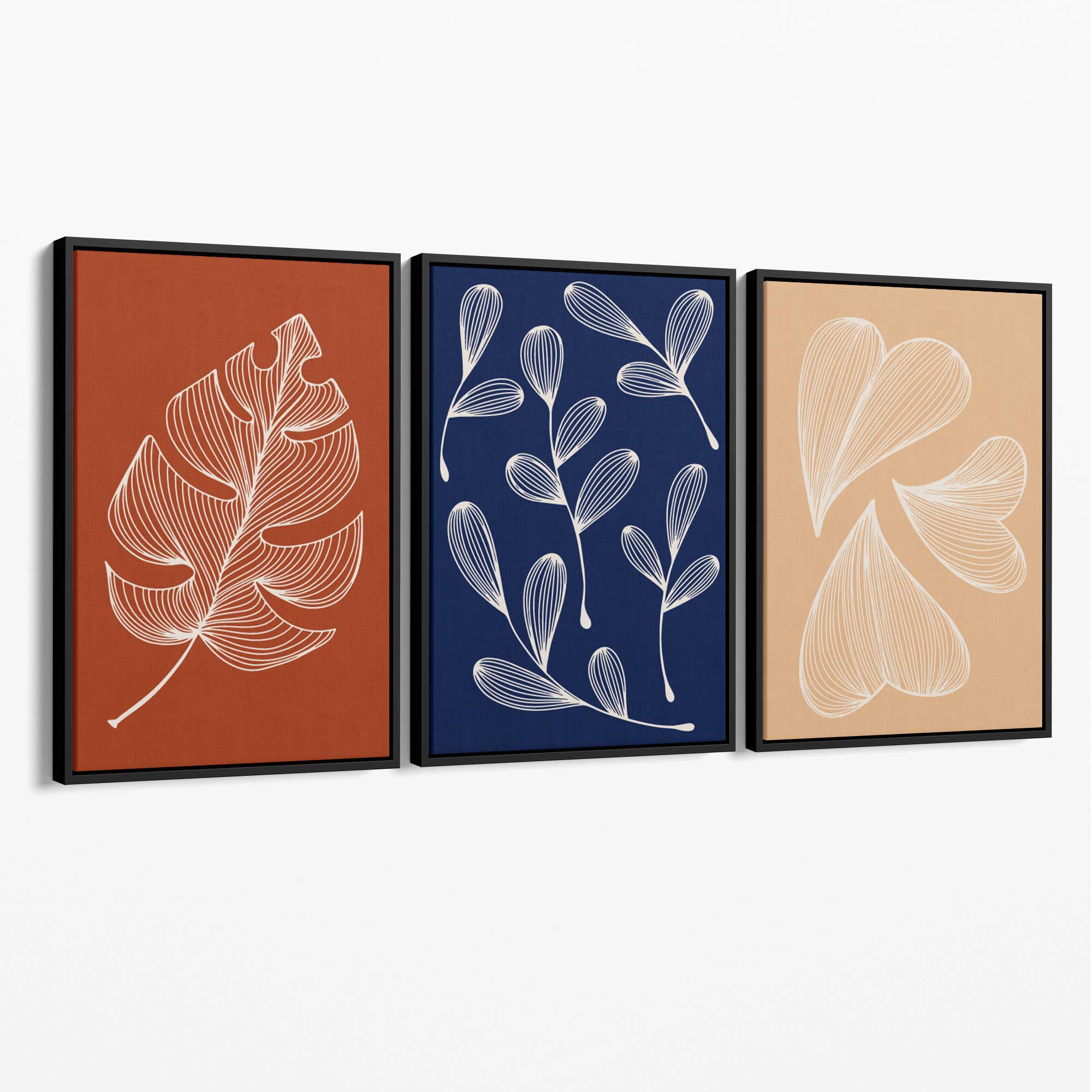 Navy and Orange Sketch Leaves Set of 3 Canvas Art Prints with Black Float Frame