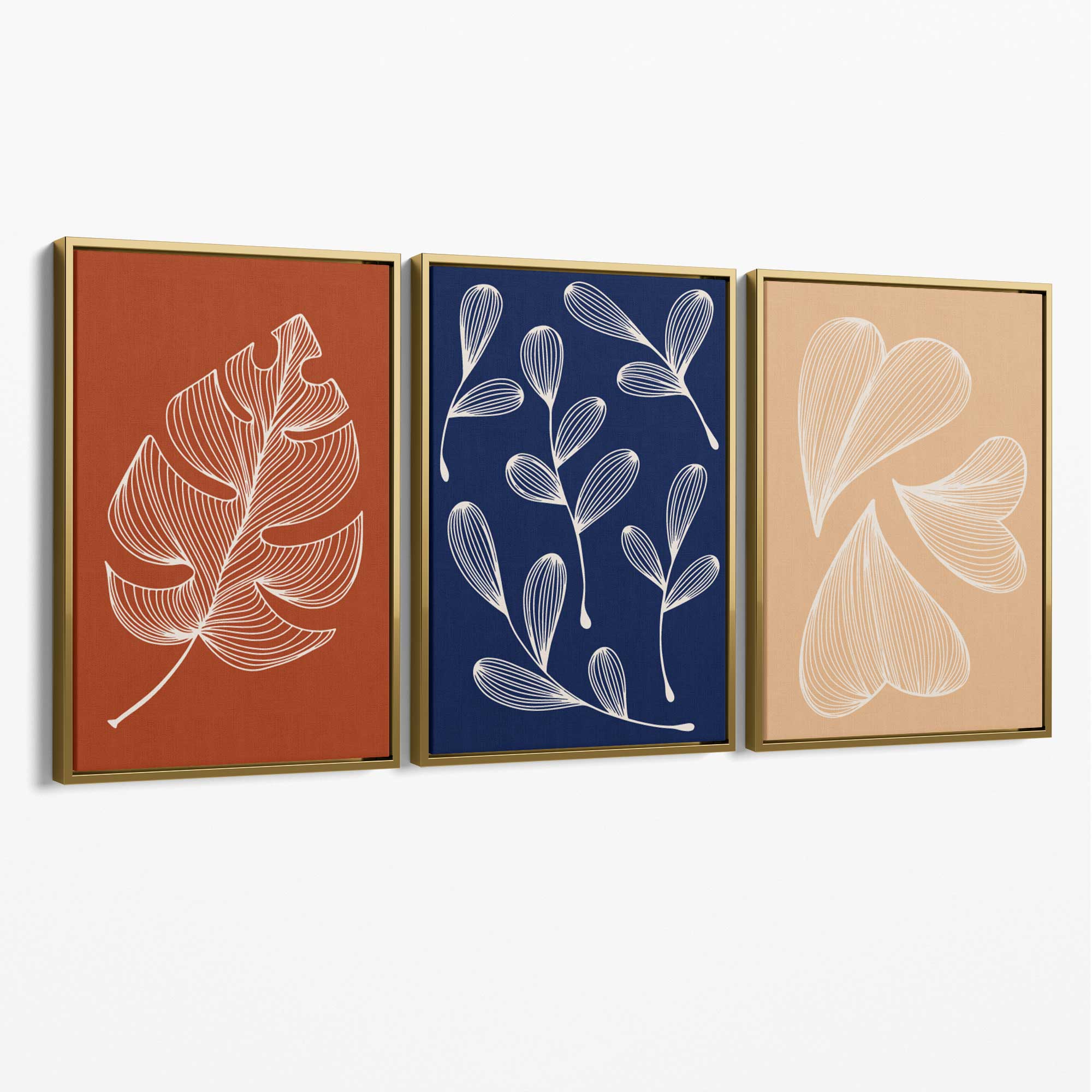 Navy and Orange Sketch Leaves Set of 3 Canvas Art Prints with Gold Float Frame