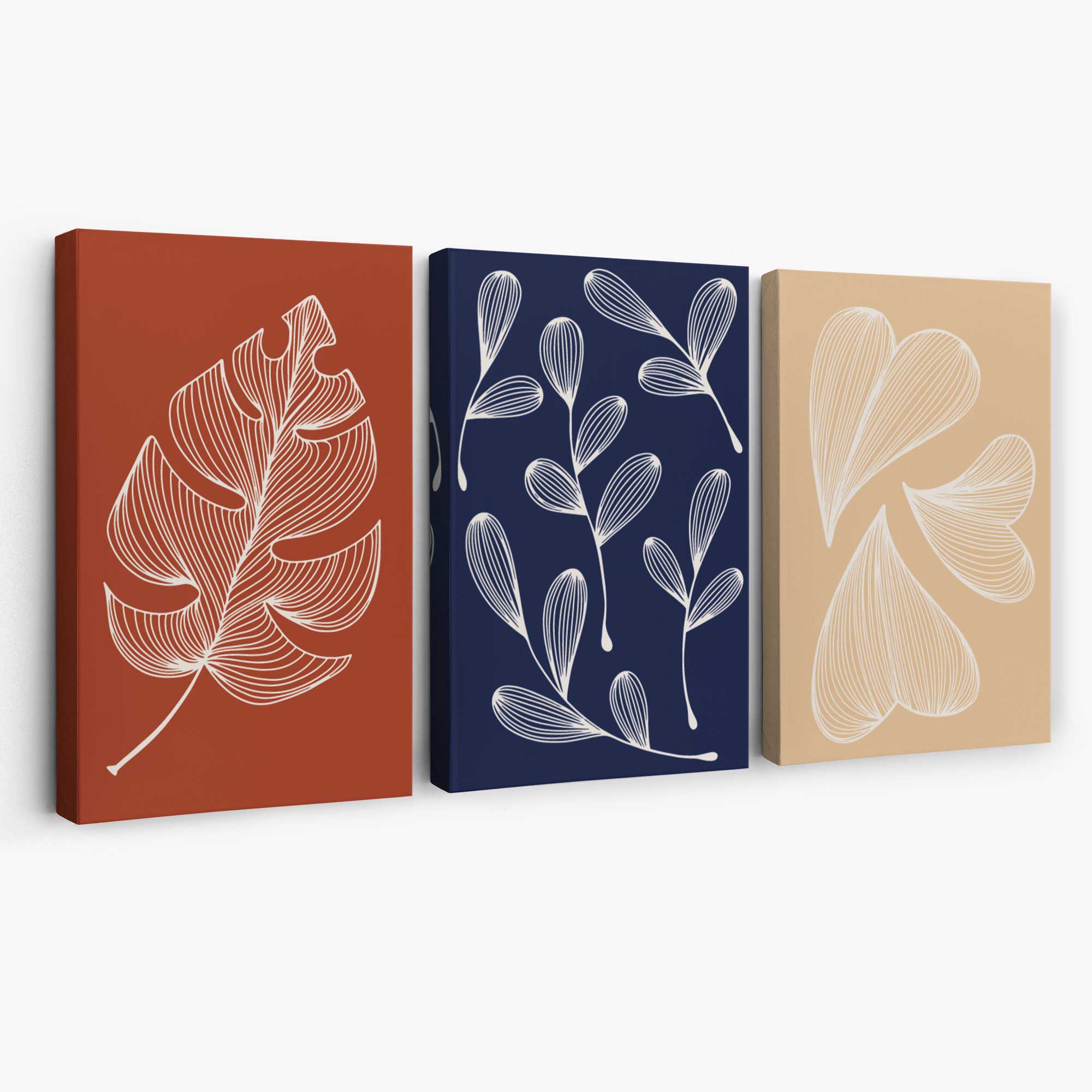 Navy and Orange Sketch Leaves Set of 3 Canvas Art Prints | Artze Wall Art