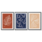 Navy and Orange Sketch Leaves Set of 3 Framed Art Prints with Dark Grey Wooden Frames