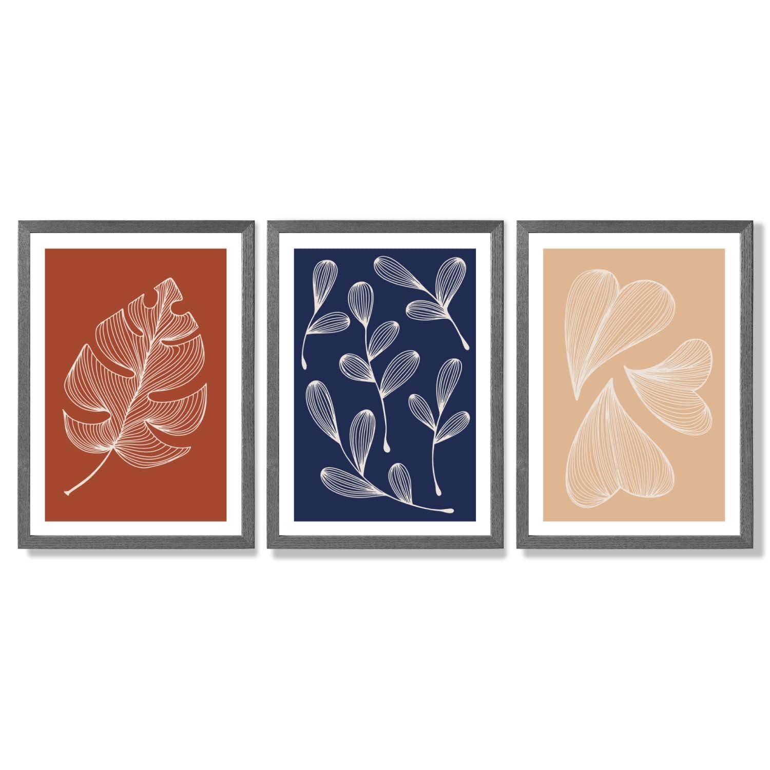 Navy and Orange Sketch Leaves Set of 3 Framed Art Prints with Dark Grey Wooden Frames