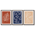 Navy and Orange Sketch Leaves Set of 3 Framed Art Prints with Dark Wood Frames