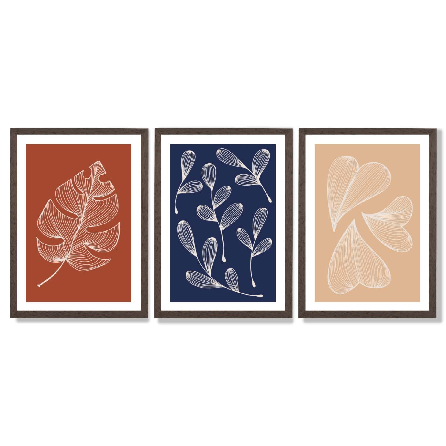 Navy and Orange Sketch Leaves Set of 3 Framed Art Prints with Dark Wood Frames