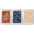 Navy and Orange Sketch Leaves Set of 3 Framed Art Prints with Gold Wood Frames