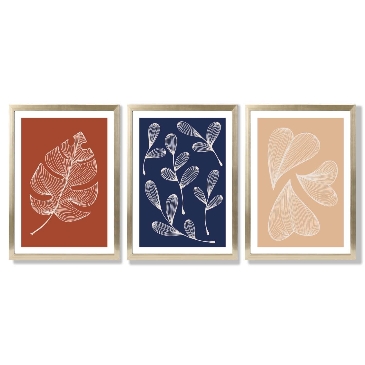 Navy and Orange Sketch Leaves Set of 3 Framed Art Prints with Gold Wood Frames