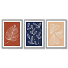 Navy and Orange Sketch Leaves Set of 3 Framed Art Prints with Light Grey Wooden Frames