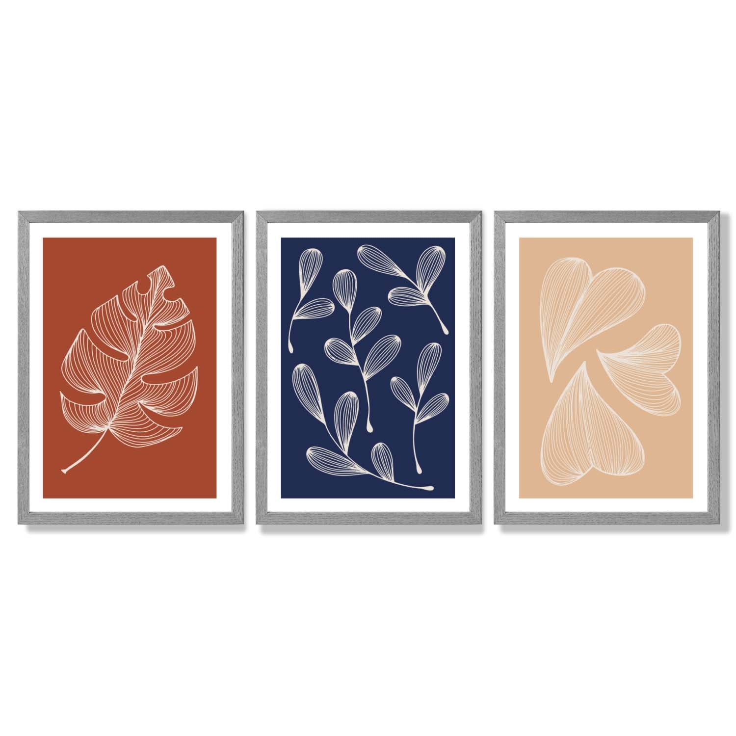 Navy and Orange Sketch Leaves Set of 3 Framed Art Prints with Light Grey Wooden Frames