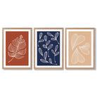 Navy and Orange Sketch Leaves Set of 3 Framed Art Prints with Light Oak Frames