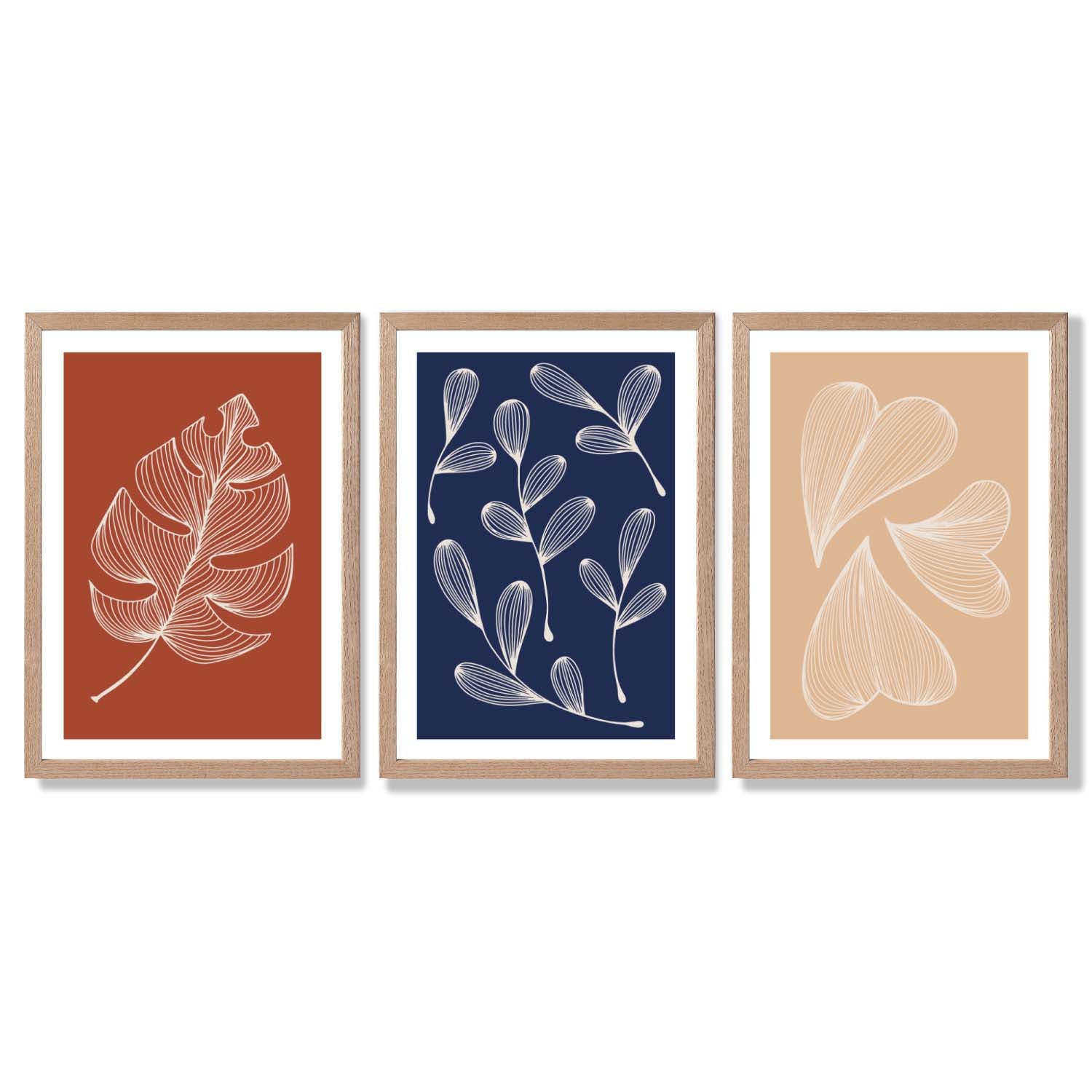 Navy and Orange Sketch Leaves Set of 3 Framed Art Prints with Light Oak Frames