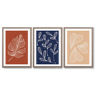 Navy and Orange Sketch Leaves Set of 3 Framed Art Prints with Light Walnut Frames