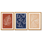 Navy and Orange Sketch Leaves Set of 3 Framed Art Prints with Oak Wooden Frames