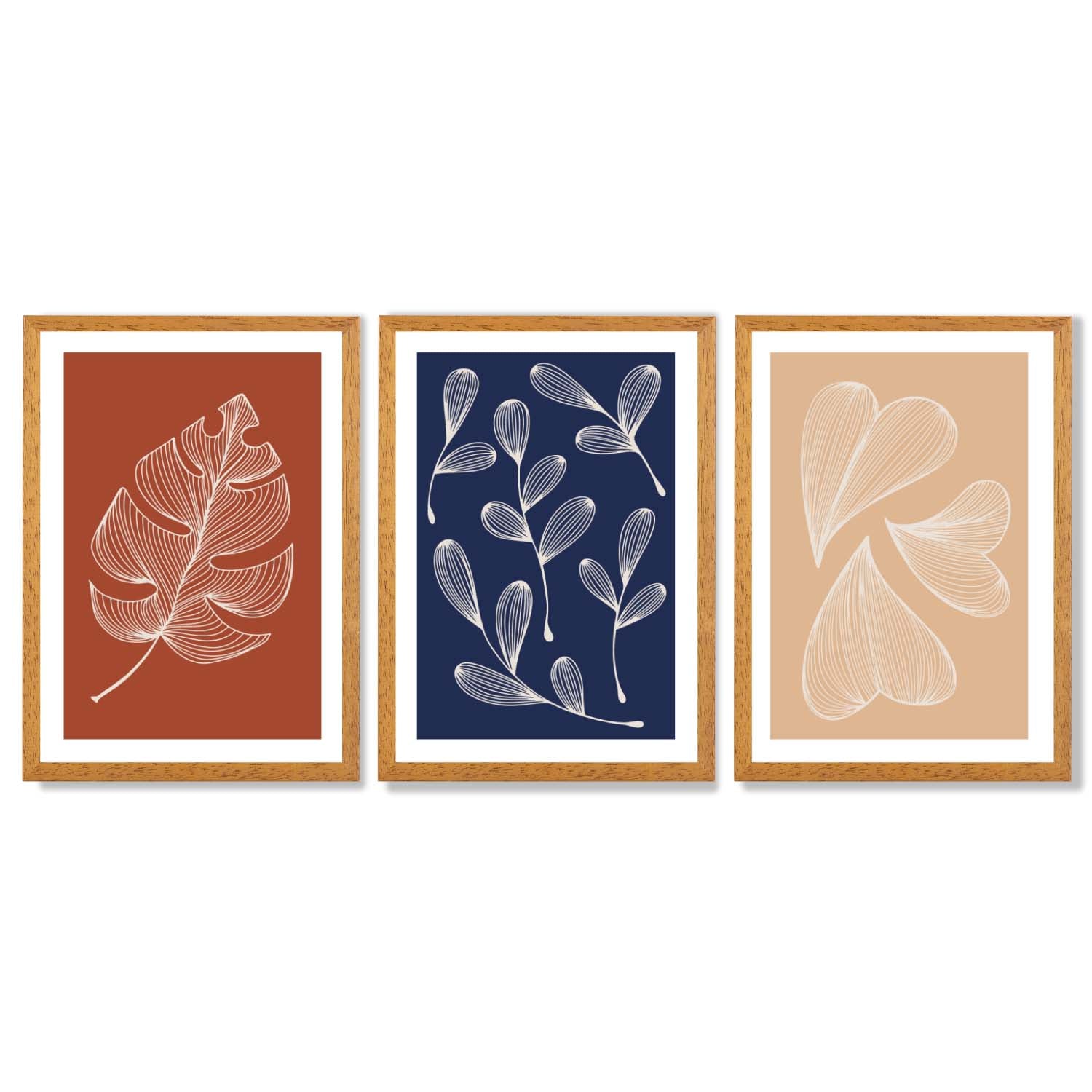 Navy and Orange Sketch Leaves Set of 3 Framed Art Prints with Oak Wooden Frames