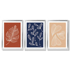 Navy and Orange Sketch Leaves Set of 3 Framed Art Prints with Silver Wood Frames