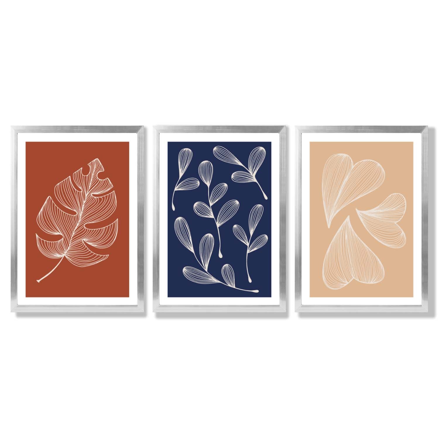 Navy and Orange Sketch Leaves Set of 3 Framed Art Prints with Silver Wood Frames