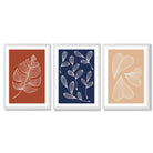 Navy and Orange Sketch Leaves Set of 3 Framed Art Prints with White Wooden Frames