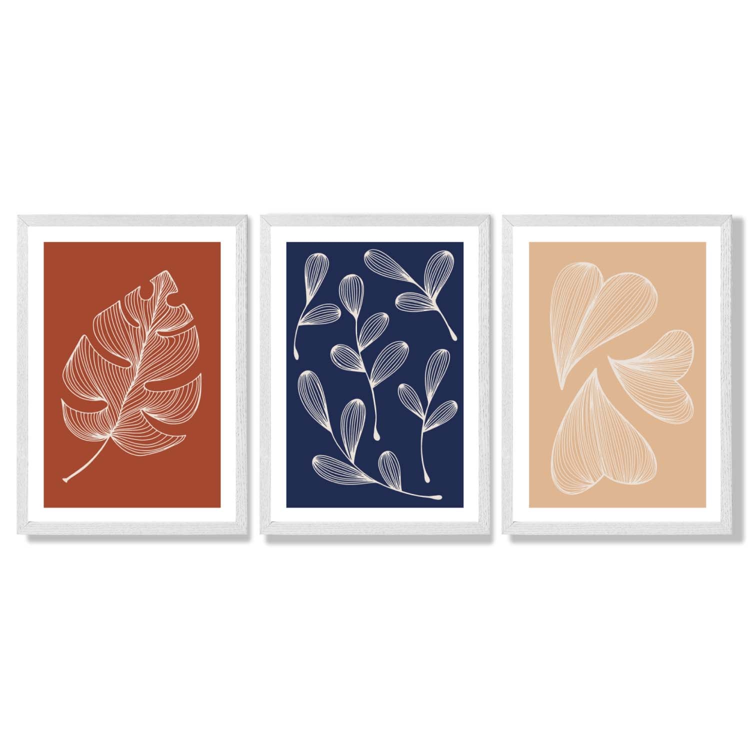 Navy and Orange Sketch Leaves Set of 3 Framed Art Prints with White Wooden Frames